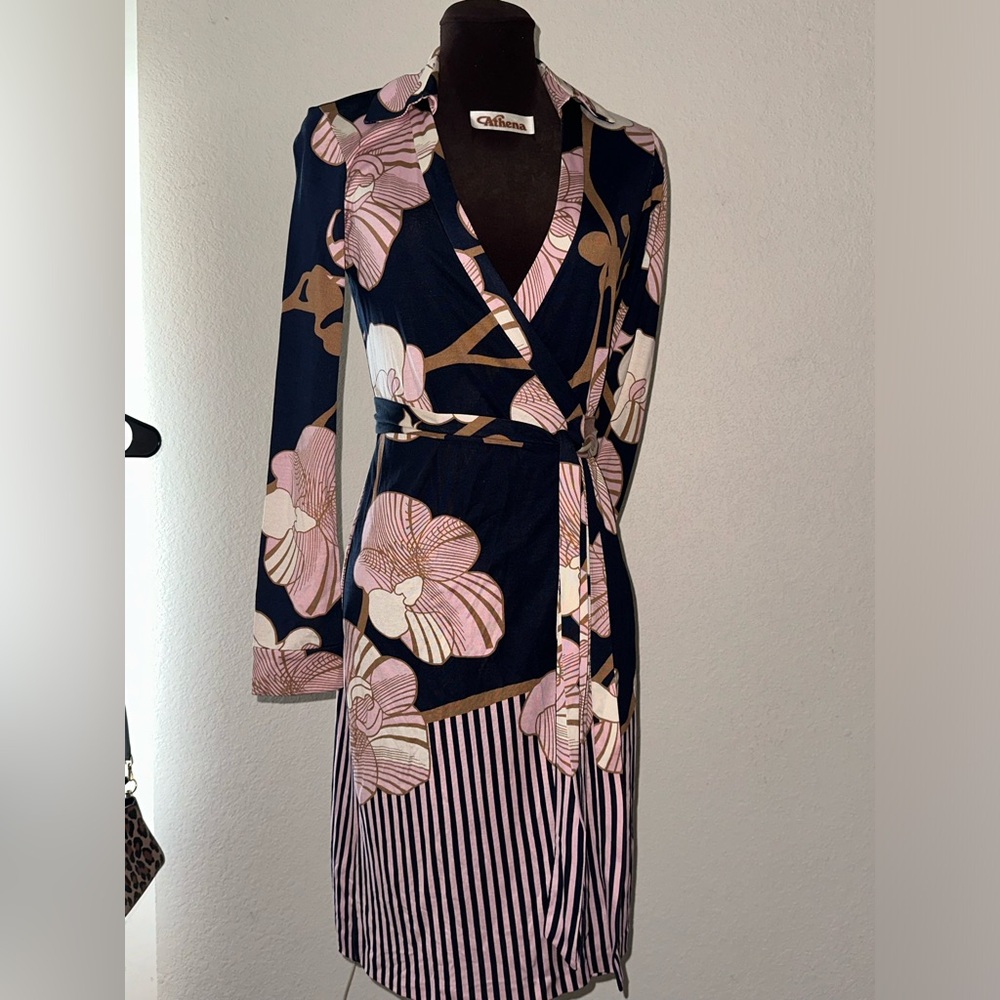 Diane von Furstenberg Navy Dress with Pink and Tan Print